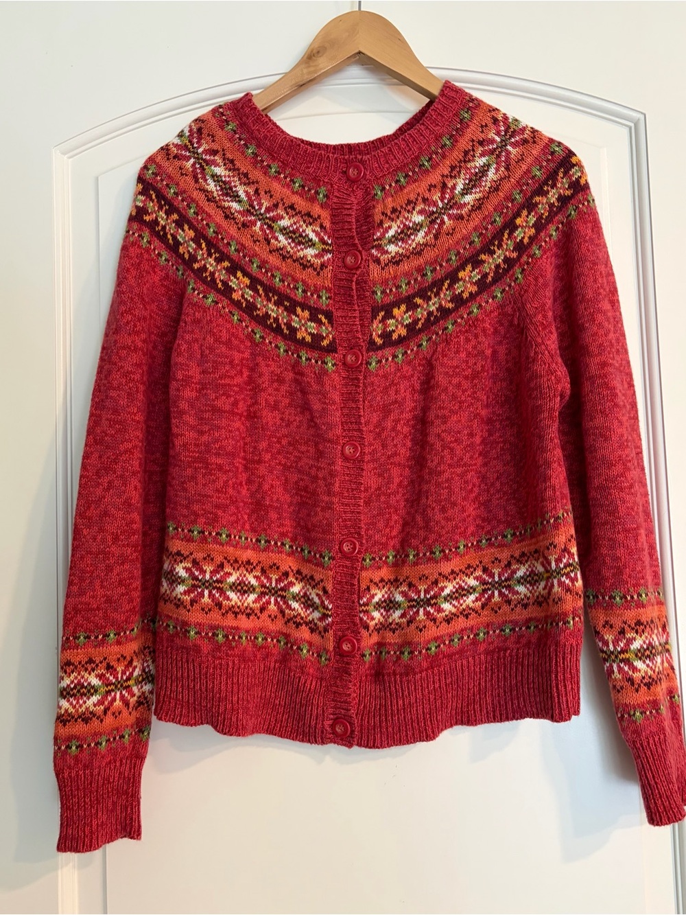 Tiara International Red Pink Fair Isle Button-Front Women’s Sweater Cardigan S